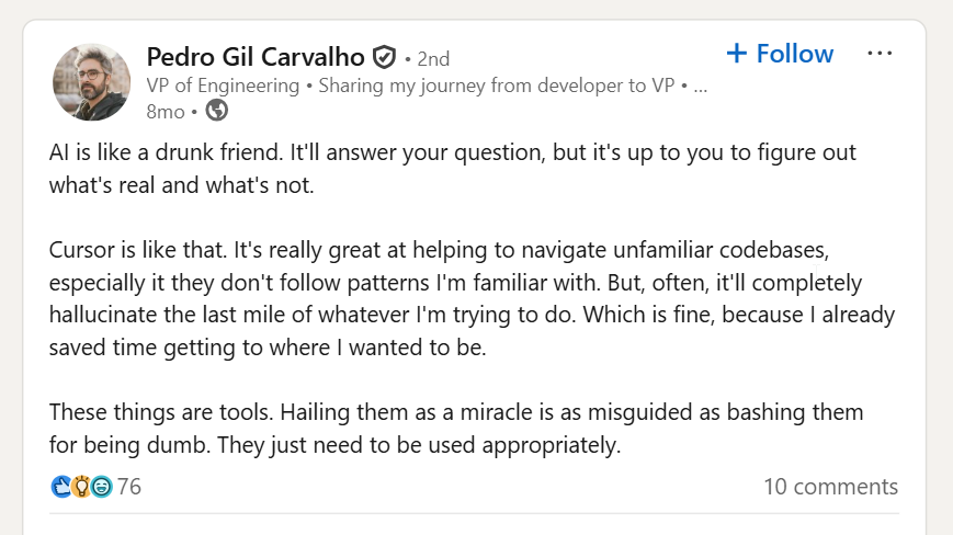 LinkedIn developer post on AI tools